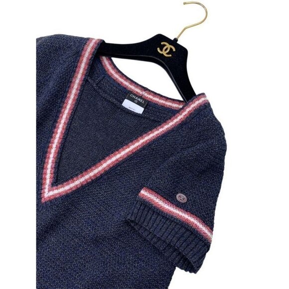Authentic CHANEL Knit Short Sleeve Dress Navy Purple Knit Coco 40 - Picture 6 of 7